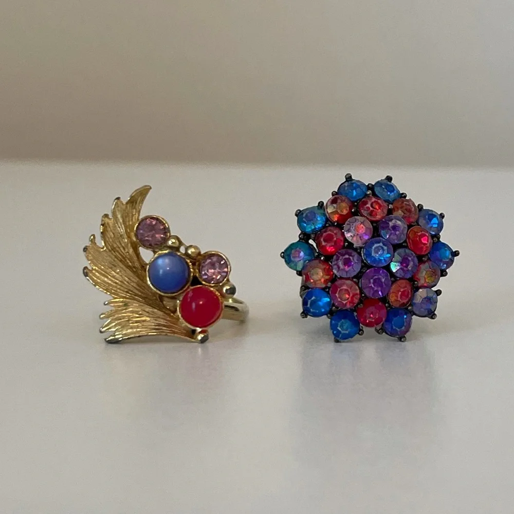 Vintage 70’s Rings Antique Gemstone Jewelry Adjustable 2 Piece Ring Set Blue Red